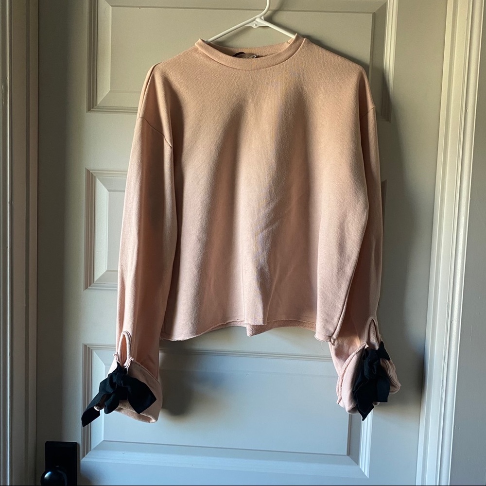 Zara Cropped pink sweater with tie sleeve LIKE NEW